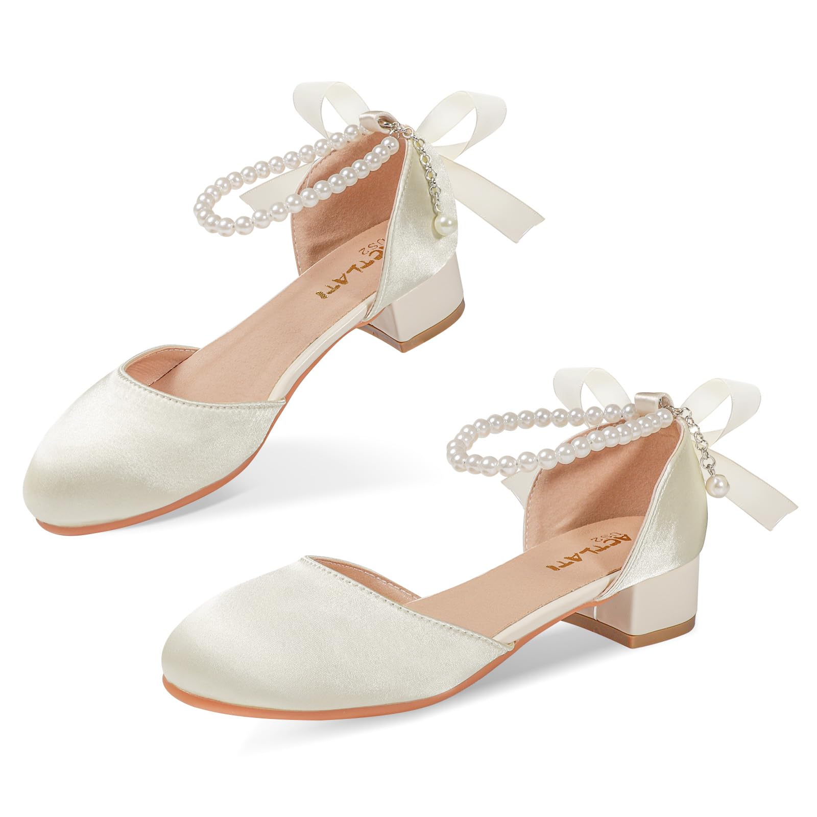 MEJORMEN Girls Heels Flower Dress Shoes Sandals Bow Pearl Ankle Strap Mary Jane Pumps Wedding Party Princess Shoes for Big Girl