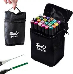 Kit 24 Canetinhas Marcadores Touch Ponta Dupla Escolar e Artístico + Bolsa de Transporte, Canetas Coloridas Permanentes Profissional Premium Conjunto 24 Cores Duas Pontas para Colorir e Desenho