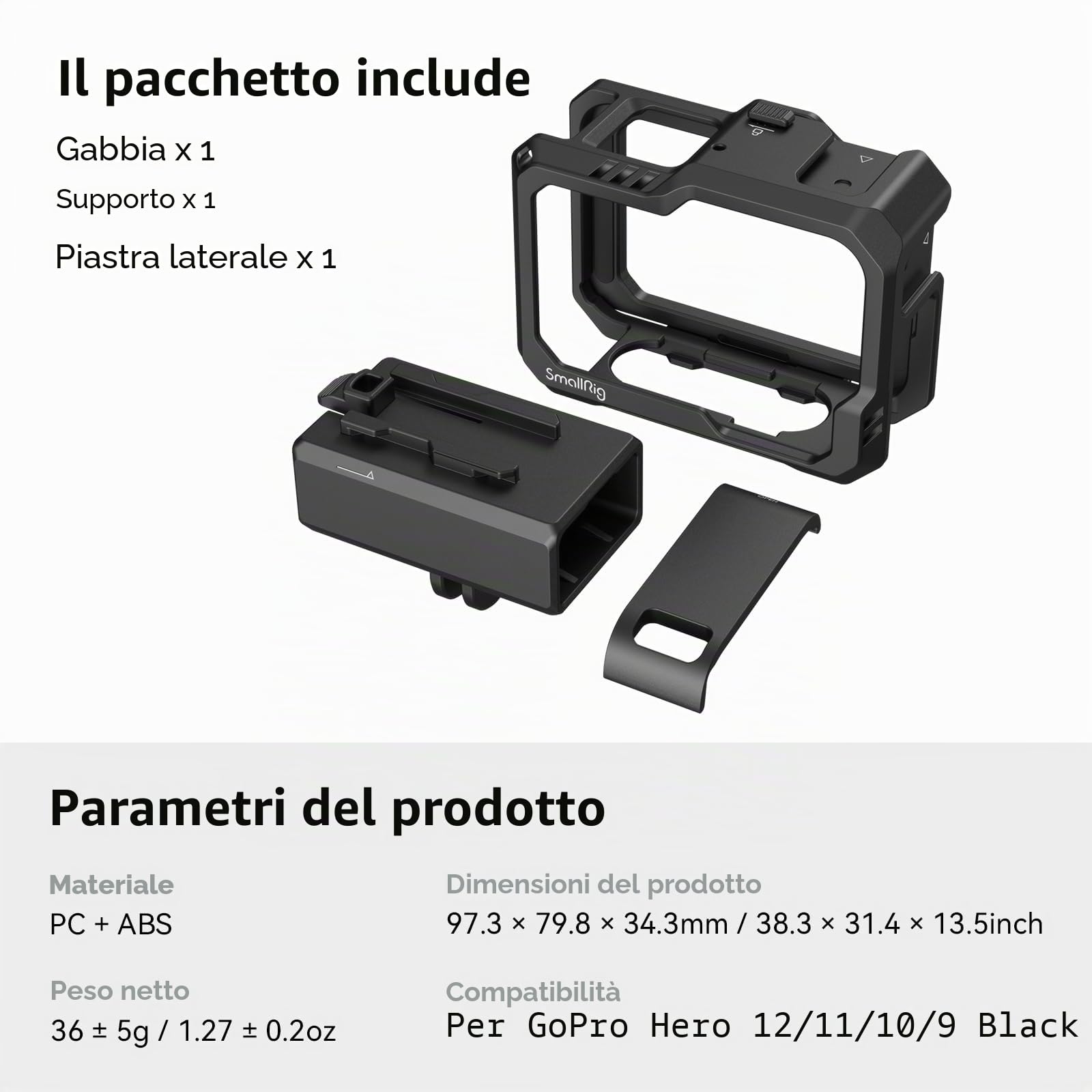 SMALLRIG Full Gabbia per GoPro Hero13 / 12/11 / 10/9 Cage Black, con Supporto Adattatore Audio - 3083C