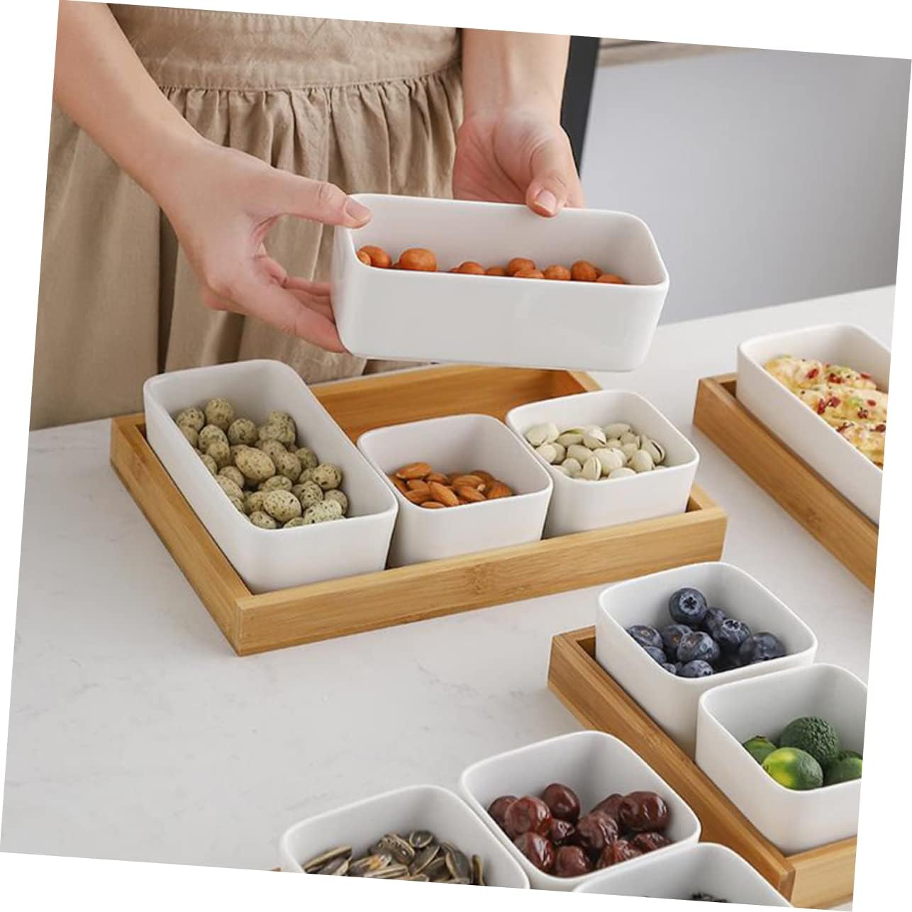 Cabilock Ceramic Snack Tray Divided Snack Plate Lid Condiment Bowl Storage Plate for Entertaining