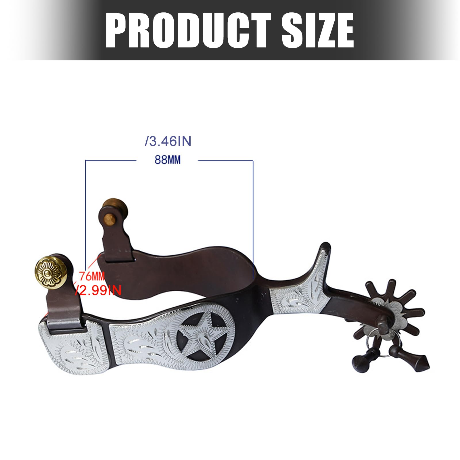 2 Stück Sporen für Westernstiefel, handgravierte BHS, Finish Deutschsilber, Texa Sternmotive, 76 mm große Öffnung, große Herrensporn