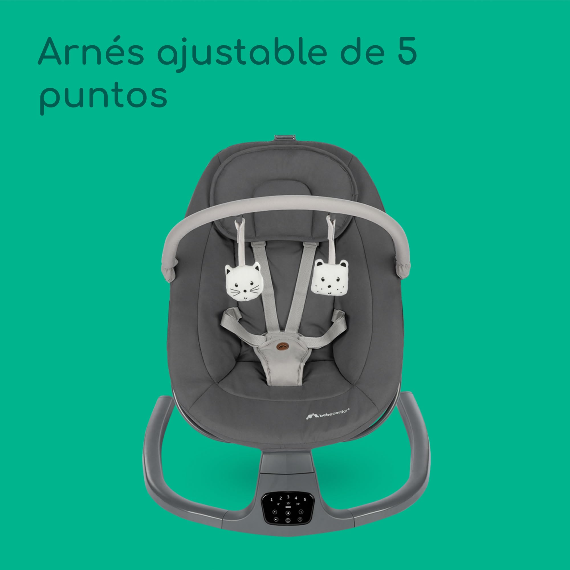 Bebeconfort Jolana, Hamaca Bebé Eléctrica, 0-6 M (9 kg), Detección Automática Movimiento, 12 Canciones Calmantes, 5 Sonidos Naturaleza, Cojines, Respaldo Ajustable, 2 Posiciones, Tinted Graphite