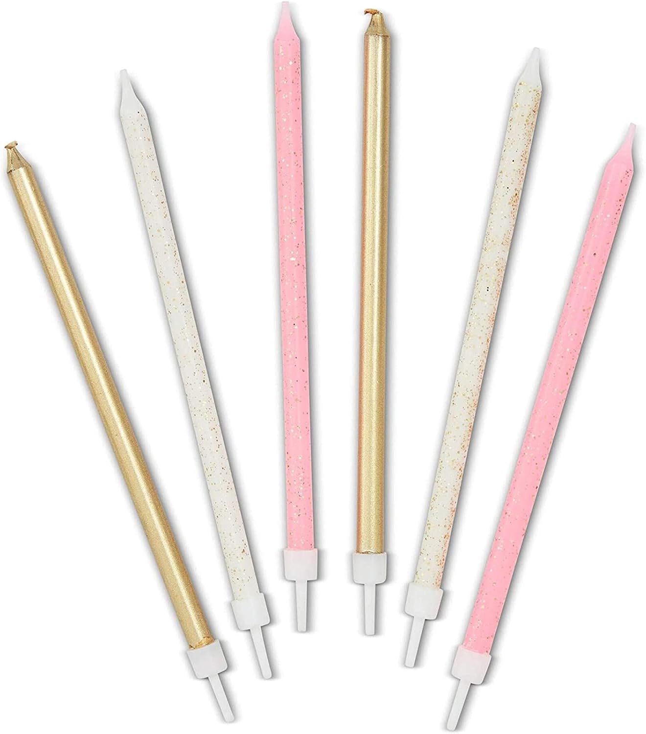 Metallic Glitter Long Thin Birthday Cake Candles in Holders (5 in, 48 Pack)