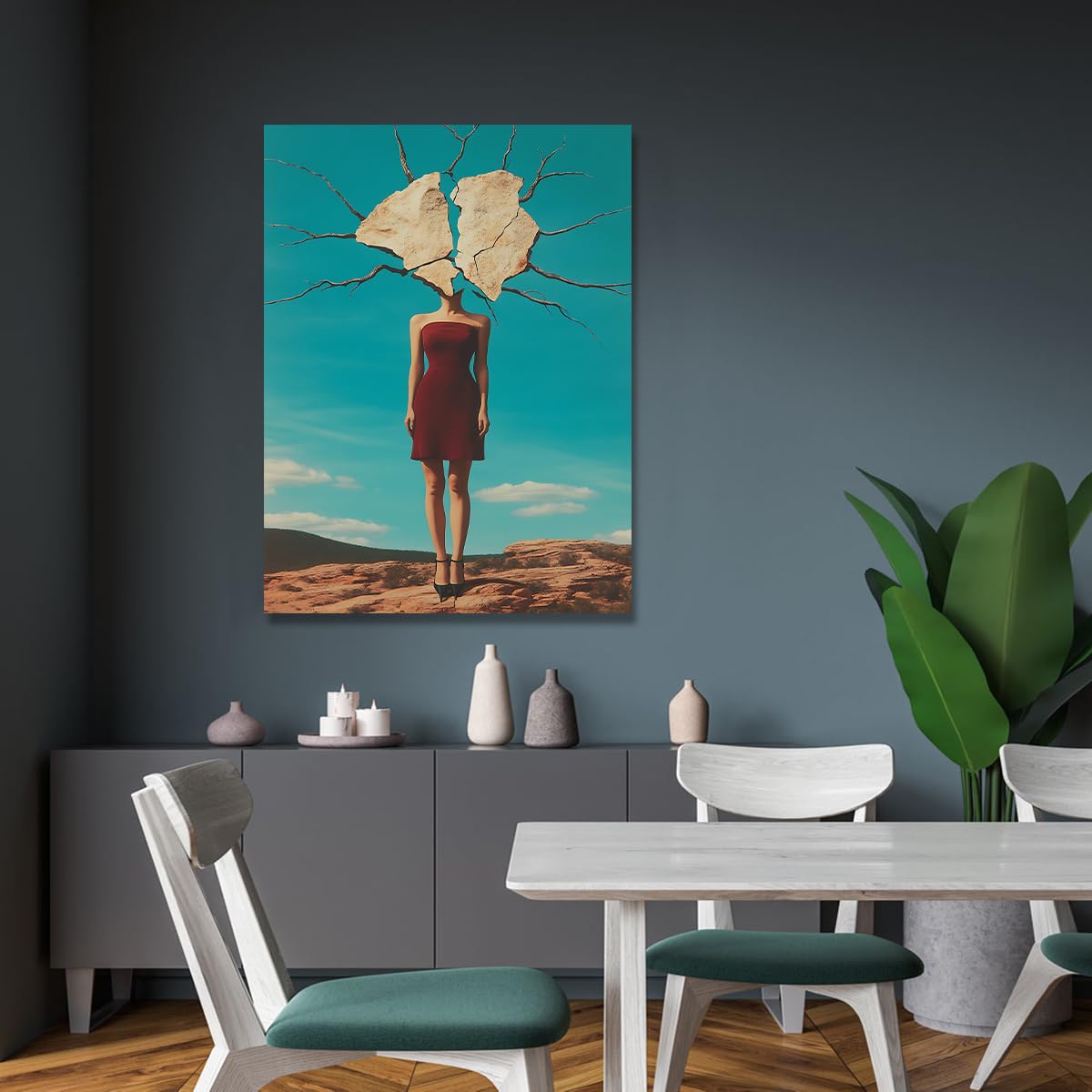 Damska surrealistyczna bordowa sukienka obraz na płótnie 60 x 90 cm