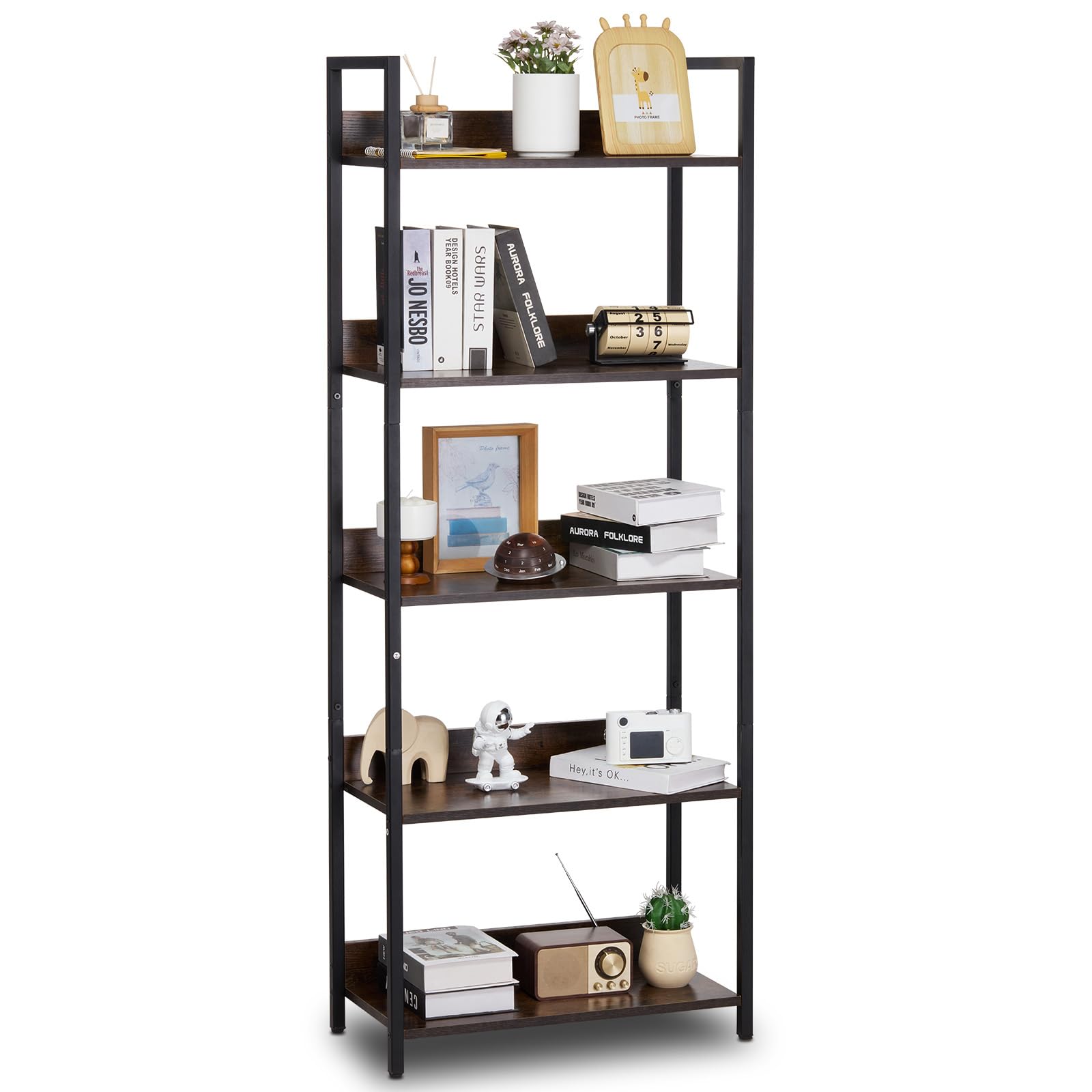 VEVOR Metal Bookshelf, 5-Tier Tall Industrial Bookshelf, Rustic Display Vintage Storage Bookcase with Open Shelves, Freestanding Display Shelving Unit Storage Rack, for Living room, Bedroom & Office