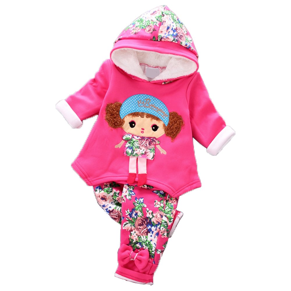 Spring Autumn Winter Little Baby Girls Clothing Set Warm Velvet Hoodie and Pants (2-3Years, Red)