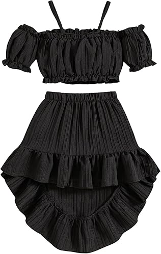 MakeMeChic Girl's Two Piece Summer Outfits Cold Shoulder Short Sleeve Crop Top Ruffle High Low Skirt Sets(Black,4T)
