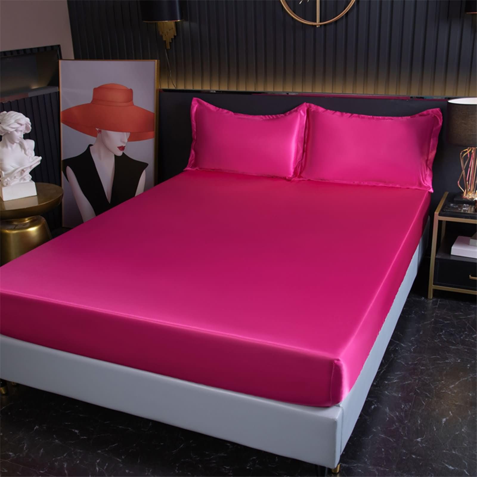 Set Lenzuola con Angoli e Federe, Lenzuola Matrimoniali 2 Pezzi di Federe in Raso Tinta unita Morbido e Lavabile in Lavatrice, Rosso rosa, 200 x 220cm