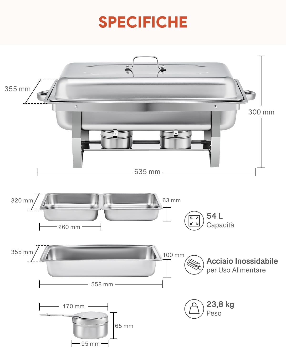 VONLUCE 9L Chafing Dish Set 6 Pezzi Scaldavivande in Acciaio Inox Contenitore Vassoio di Riscaldamento Pentole di Riscaldamento Chafing Dish per Buffet di Catering e Feste (12 x GN 1/2)