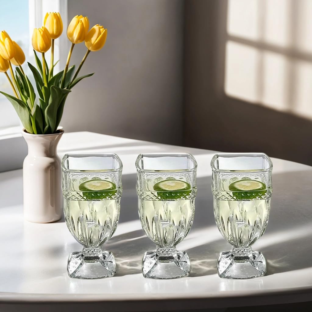 JQWIN Square Wine Glasses, Set of 3 or 6, Durable Glass with Unique Patterns