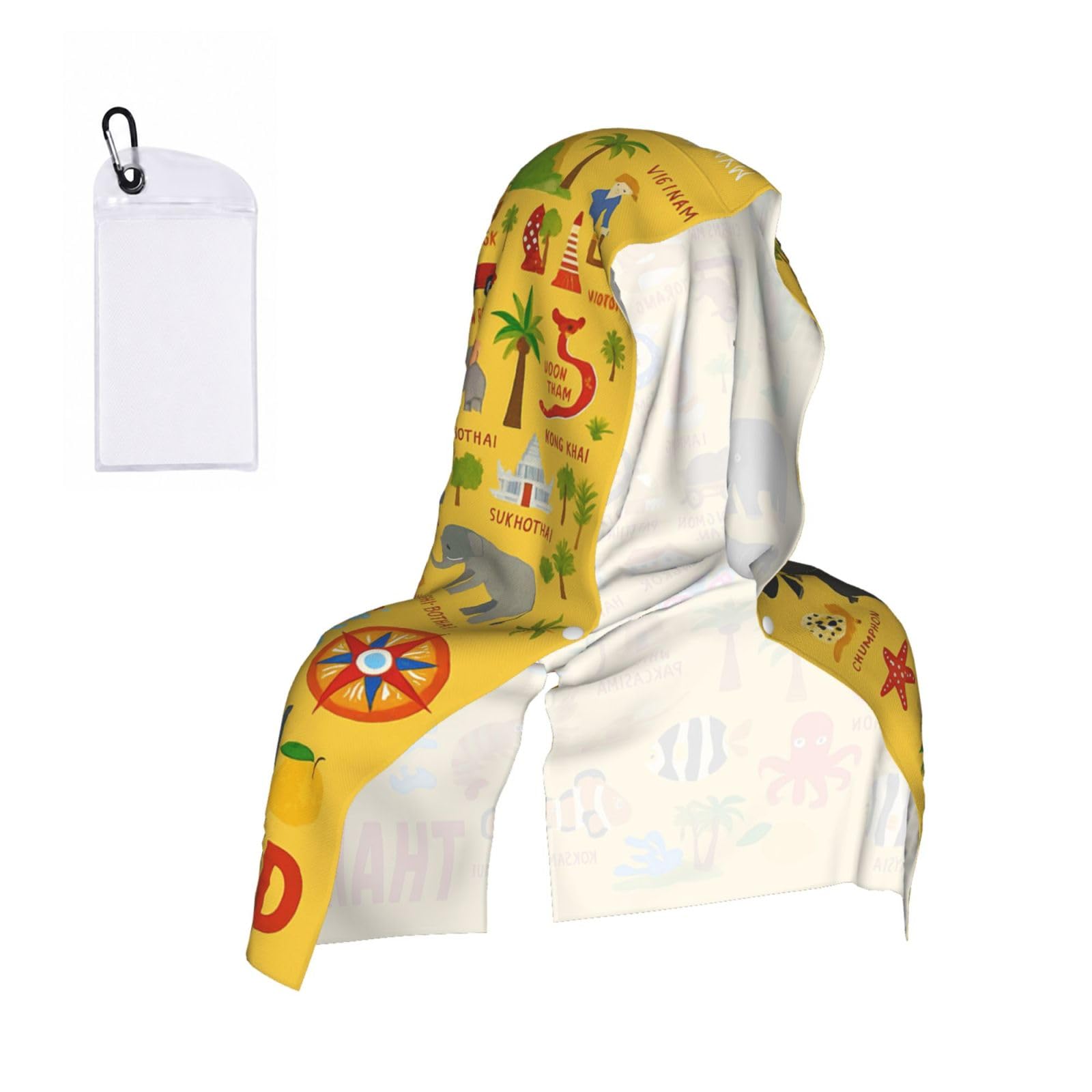 DUWAA Thailand Map With Icons Print Cooling Hooded Sports Towel, 30×60cm Quick Drying Summer Cool Head Wrap For Neck And Face