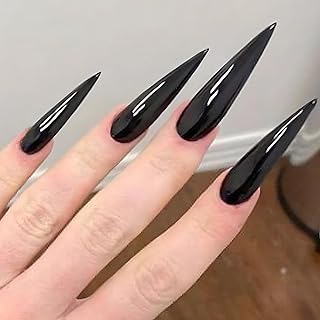 24 Stück Nägel Zum Aufkleben Lang Stiletto, Schwarz French Press on Nails, Einfarbig Acryl Full Cover Künstliche Nägel, Elegante Glänzend Fingernägel Zum Aufkleben für Frauen Mädchen Nail Art