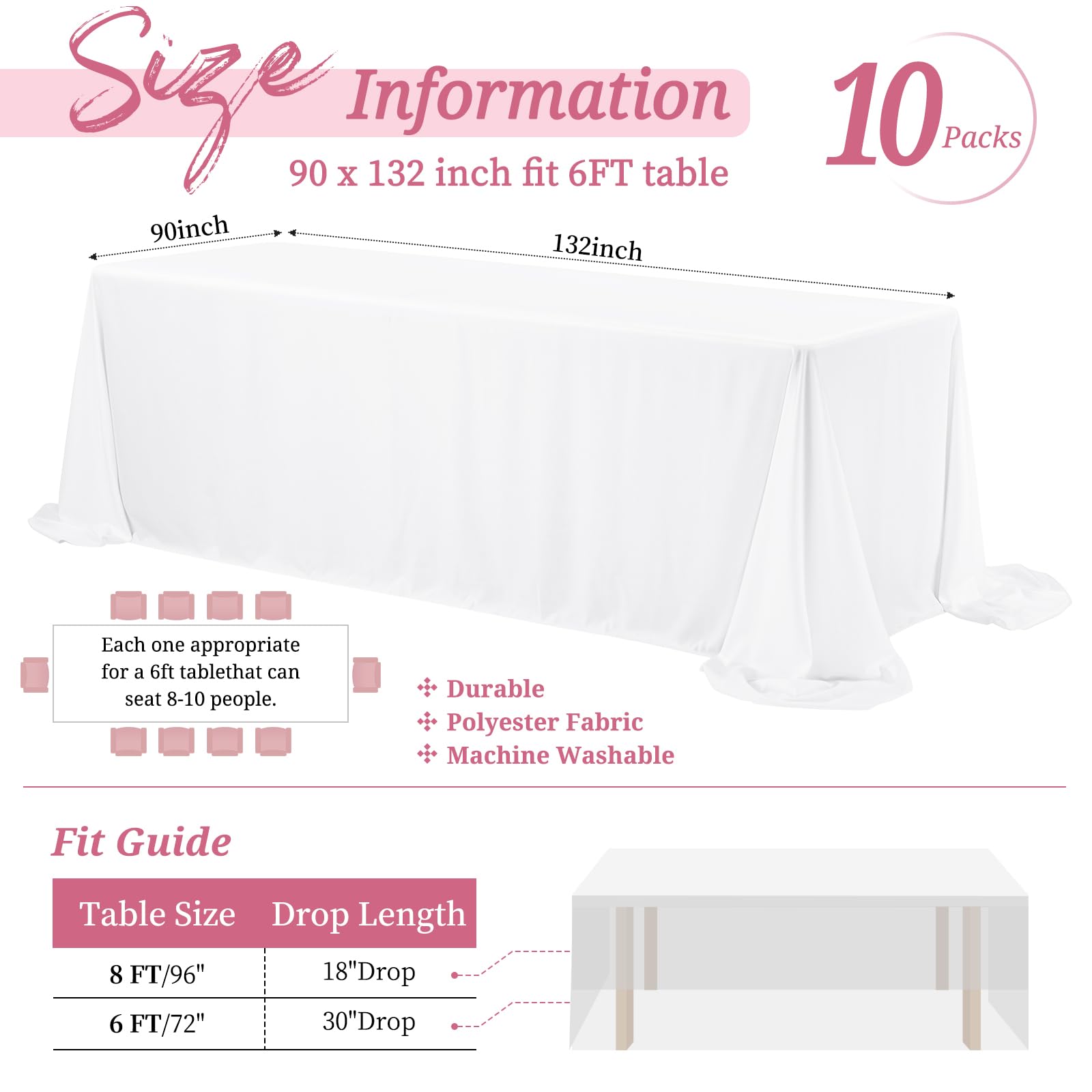 Showgeous Lot de 10 nappes rectangulaires blanches, 229 x 335 cm, infroissables et résistantes aux taches, en polyester, parfaites pour table de 1,8 m, mariages et fêtes