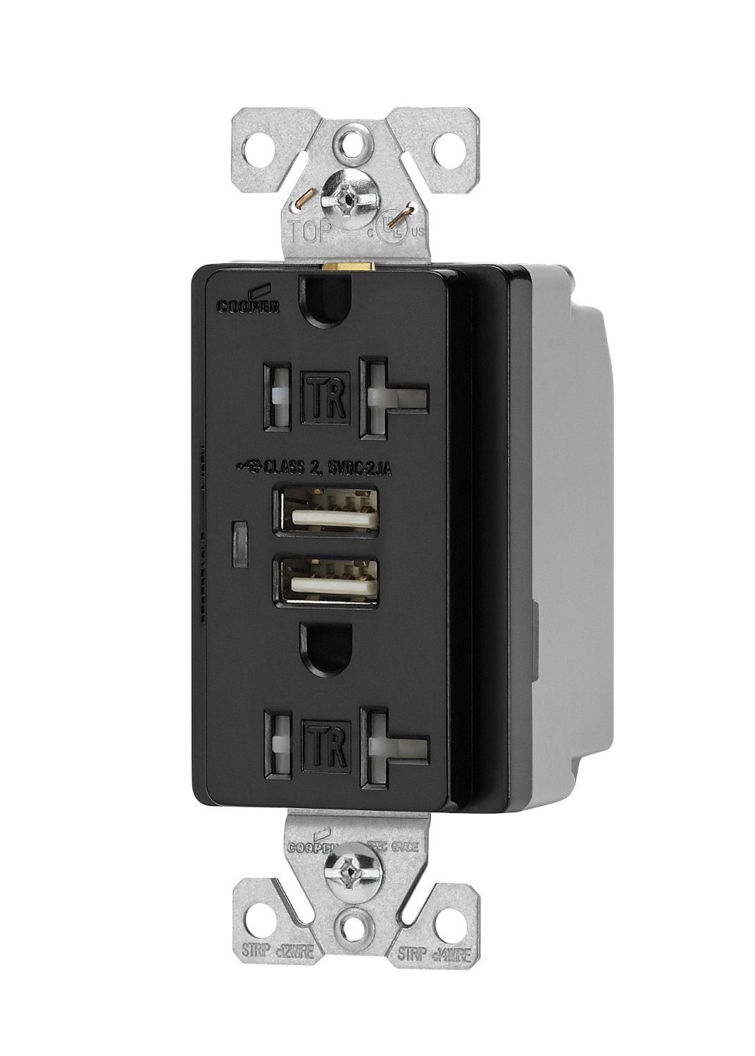 Cooper Wiring Devices TR7746BK-BOX Combination USB Charger with Tamper Resistant Receptacle and Box, 20-Amp, Black Finish