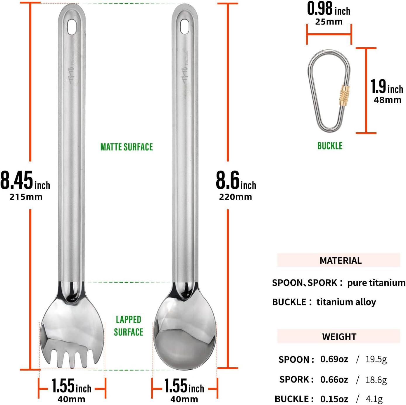 TiTo Titanium Long Handle Spork and Spoon Ultralight Portabale Polishing Flatware for Outdoor Camping Backpacking Hiking Travel Picnic Tableware (Spork & Spoon)