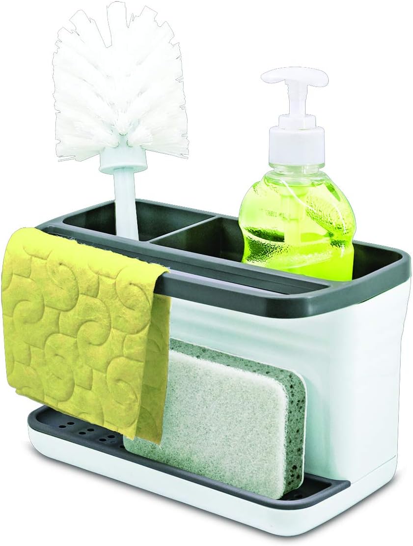Kitchen Sink Organizer Caddy with 2 Compartments | Sponge Holder for Soap, Scrubber Brush, and Dish Cloth | Drain Holes and Pour Spout Keeps Countertop Dry