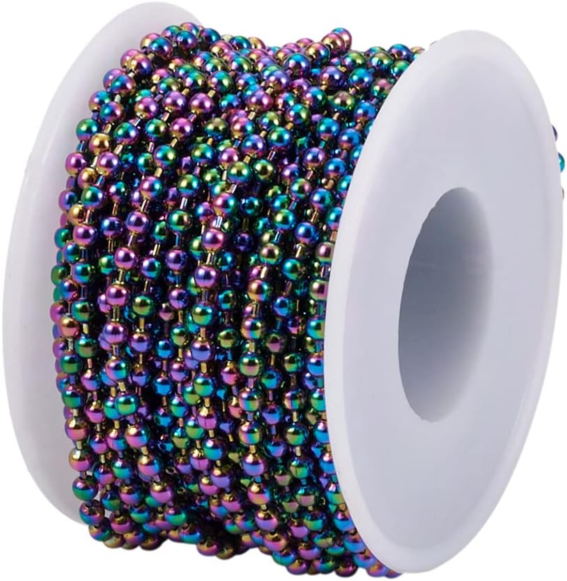 32.8 Feet Ion Plating 304 Stainless Steel Ball Bead Soldered Chain with Chain Spool Gradient Rainbow Color Chains for Necklace Bracelet DIY Craft Making Jewelry Accessories