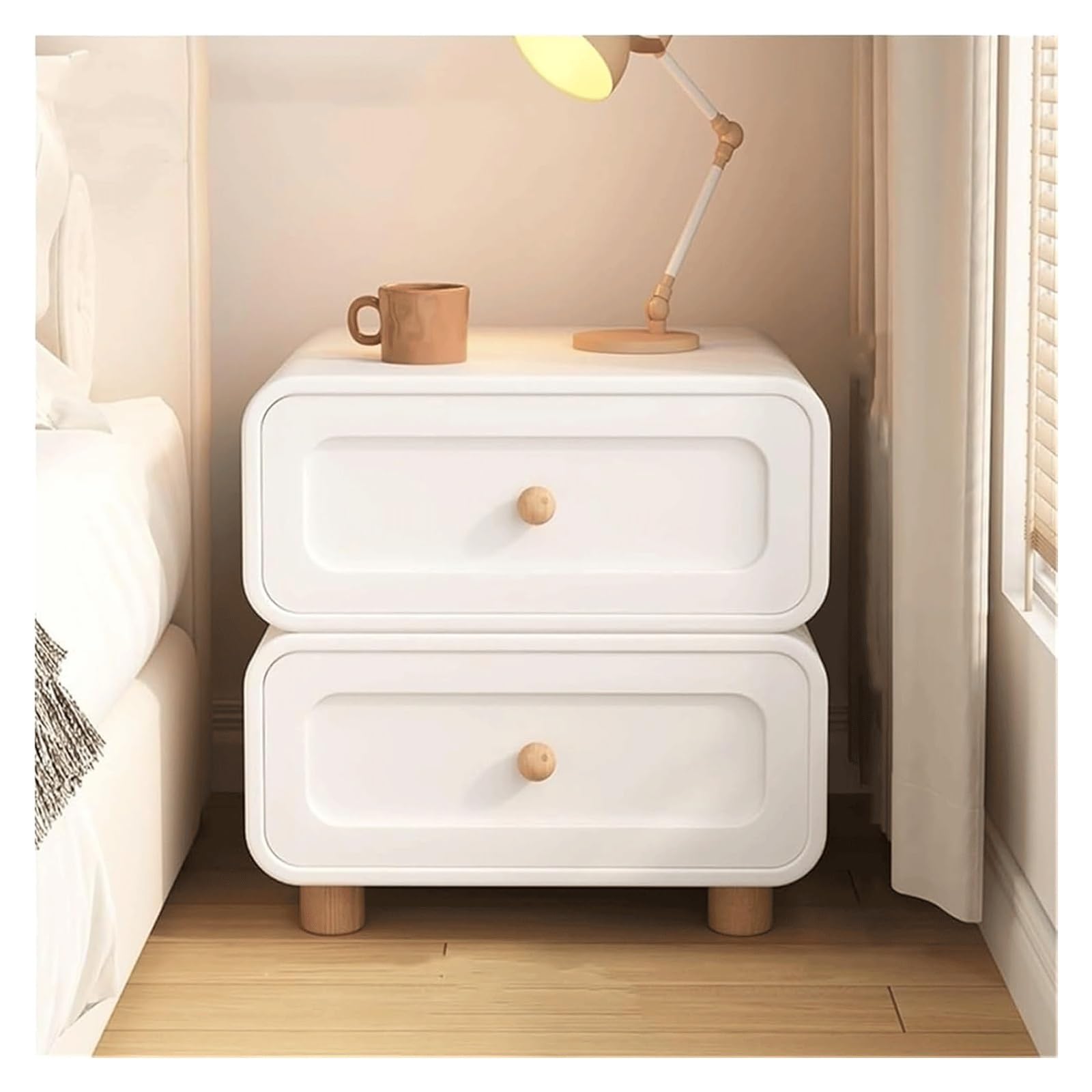 SXZenSpace Wooden Nightstand Modern Bedside Cabinet with 2 Sliding Drawers and Leather Finish Small Table Sofa Side for Home(White,45cm)