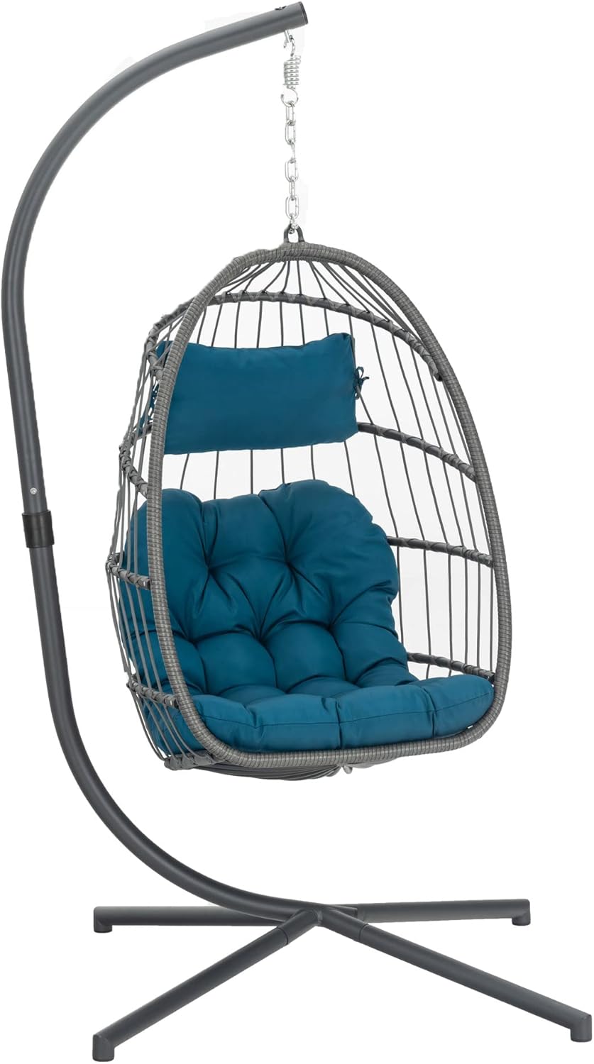 Wicker Egg Chair Outdoor Indoor for Patio Balcony, Foldable Rattan Egg Swinging