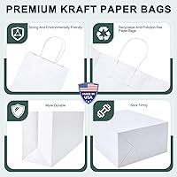 Vista 4 de METRONIC Paquete de 200 bolsas de papel blanco de 5.25 x 3.75 x 8 pulgadas, bolsa de regalo pequeña de papel kraft con asas recicladas para fiestas
