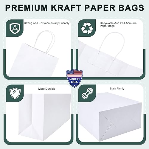 Miniatura 4 de METRONIC Paquete de 200 bolsas de papel blanco de 5.25 x 3.75 x 8 pulgadas, bolsa de regalo pequeña de papel kraft con asas recicladas para fiestas