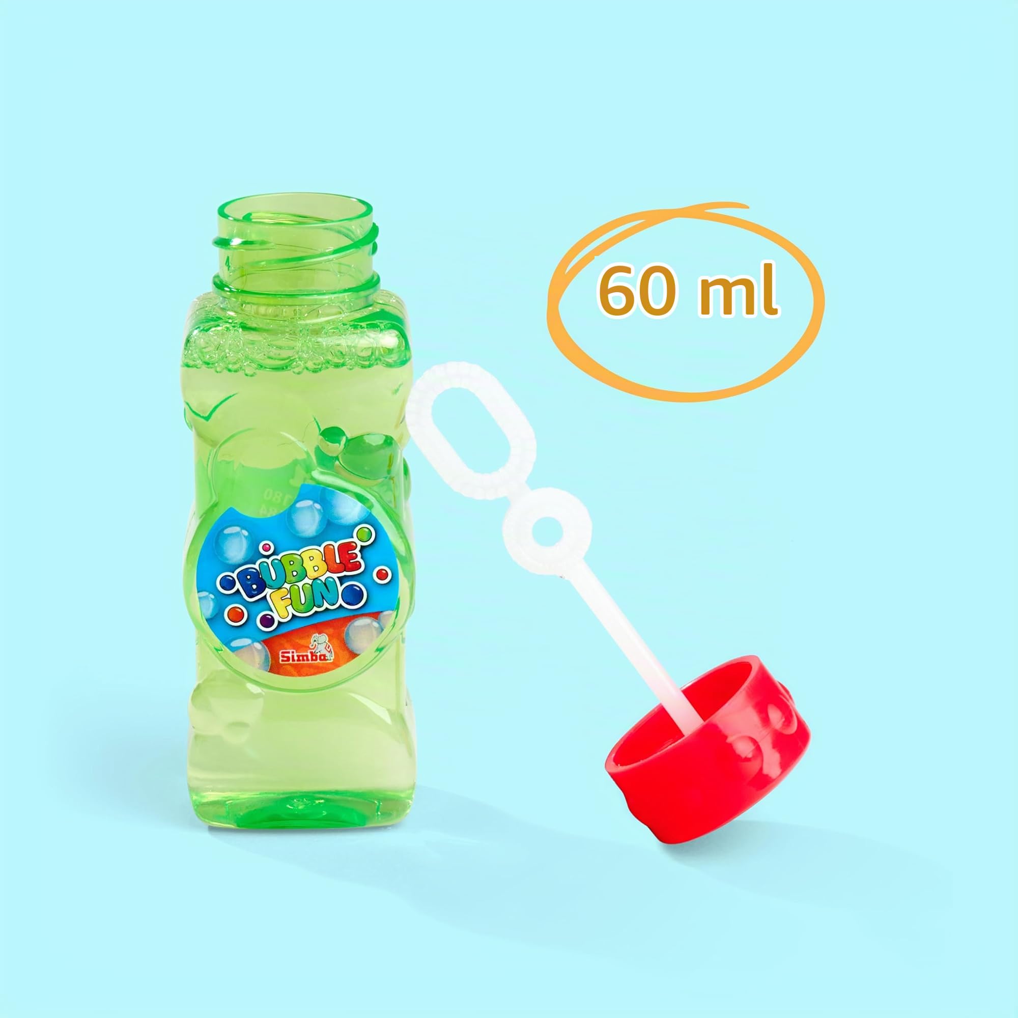 Simba Bubble Fun 107286011 Bubble Fun Bouteille à bulles de savon, 3 couleurs assorties, 60 ml de lessive, avec jeu de puzzle dans le couvercle, à partir de 3 ans