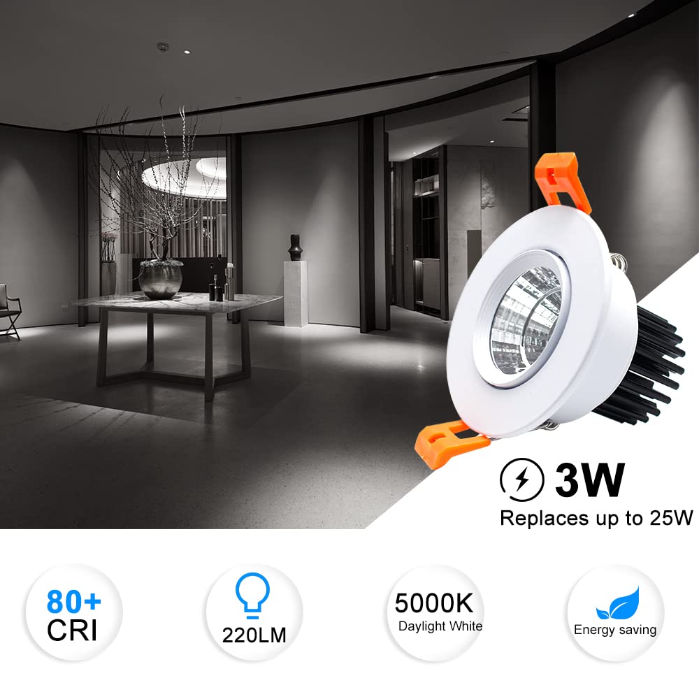 2 Inch LED Downlight, 3W Recessed Lighting COB Dimmable, 5000K Daylight White, CRI80, LED Ceiling Lights with LED Driver, 6 Pack