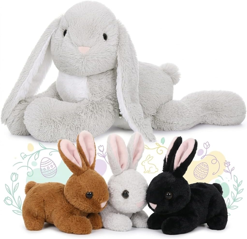 MaoGoLan 4Pcs Large Bunny Stuffed Animal with 3 Babies Inside, 24" Giant Easter Bunny Plush Toys, Soft and Cuddly Gray Stuffed Rabbit Gift for Kids,Girls,Boys,Teens