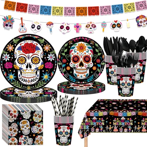 195Pcs Day of the Dead Party Supplies Dia de Los Muertos Decorations Skull Party Plates Napkins Cups Knives Forks Spoons Party Decoration for Mexican Fiesta Halloween Birthday Party