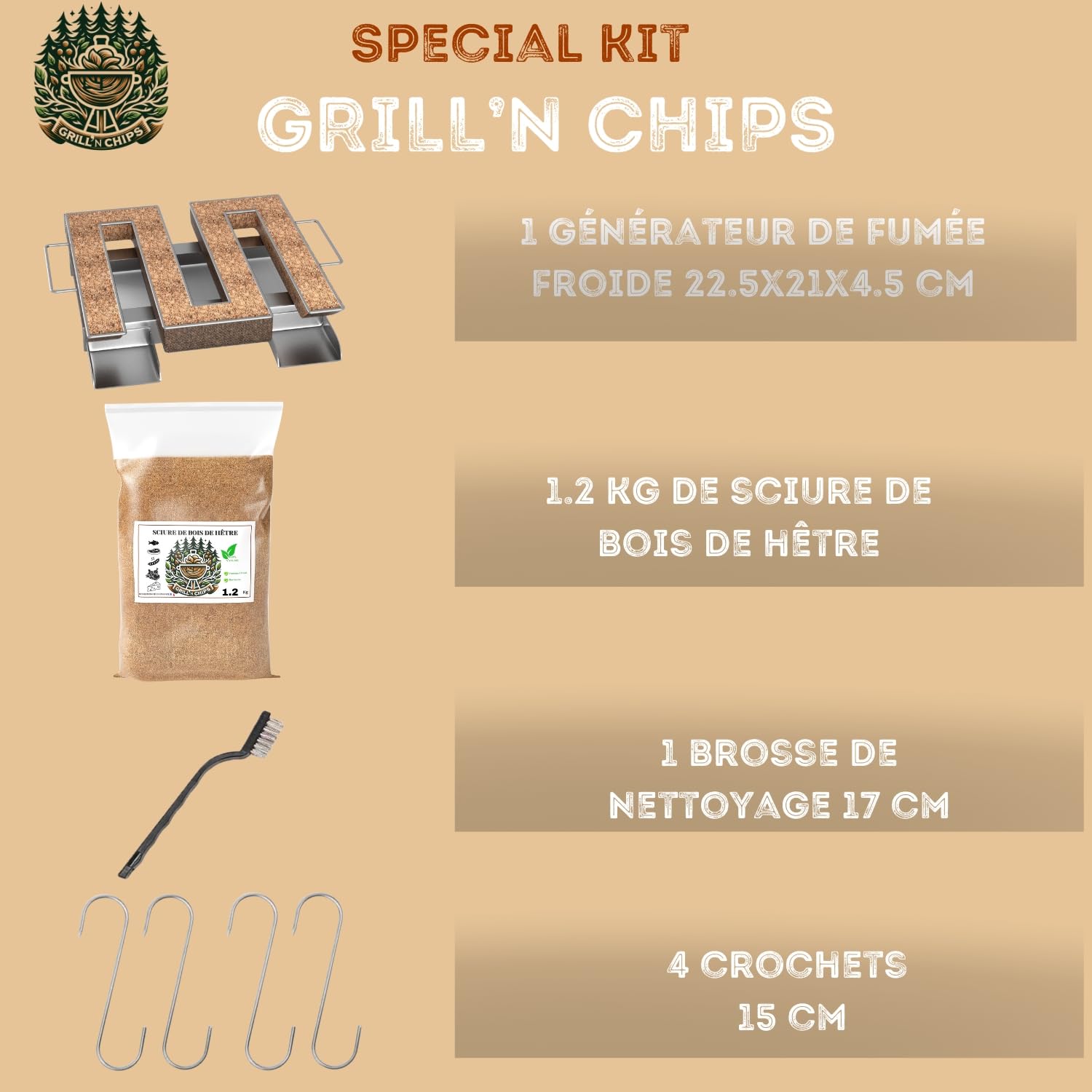 Generador de humo frío para ahumadero de carne y pescado + 1,2 kg de aserrín de madera de haya + 4 ganchos y 1 cepillo de limpieza