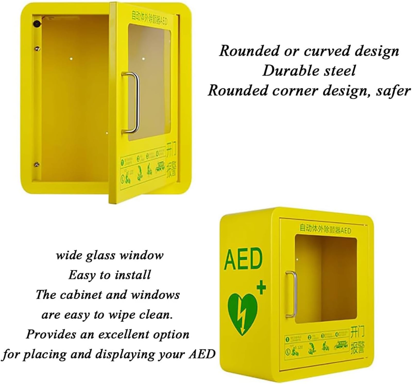 AED-Defibrillator-Schrank, AED-Defibrillator-Aufbewahrungsschrank, wandmontierte AED-Alarmbox, transparentes Glasfenster und abgerundetes Eckendesign