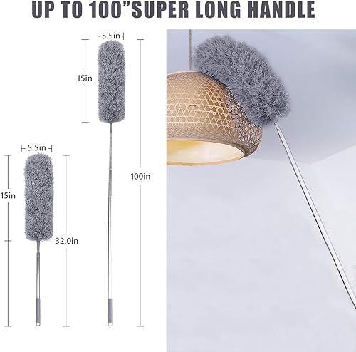 Miniatura 2 de Plumeros de microfibra para limpieza con poste de extensión (30-100 pulgadas), con 2 cabezales flexibles, cubierta resistente a los arañazos,