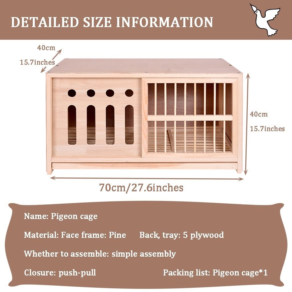 Nido para Palomas con Puerta Semi-Oculta, Jaula para Palomas con Bandeja para Heces, Jaula para Cría con Puerta Corredera, Caja De Apareamiento De Pájaros De Pino Resistente(Natural,70 * 40 * 40cm)