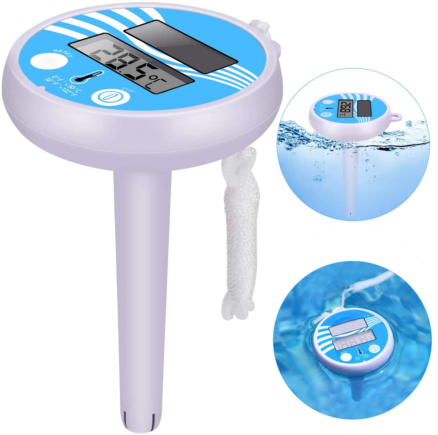 Floating Pool Thermometer, Solar Digital Pool Thermometer with Rope Easy to Read Large LCD Display Waterproof Pools Temperature Gauge for Hot Tub, Spa, Pools