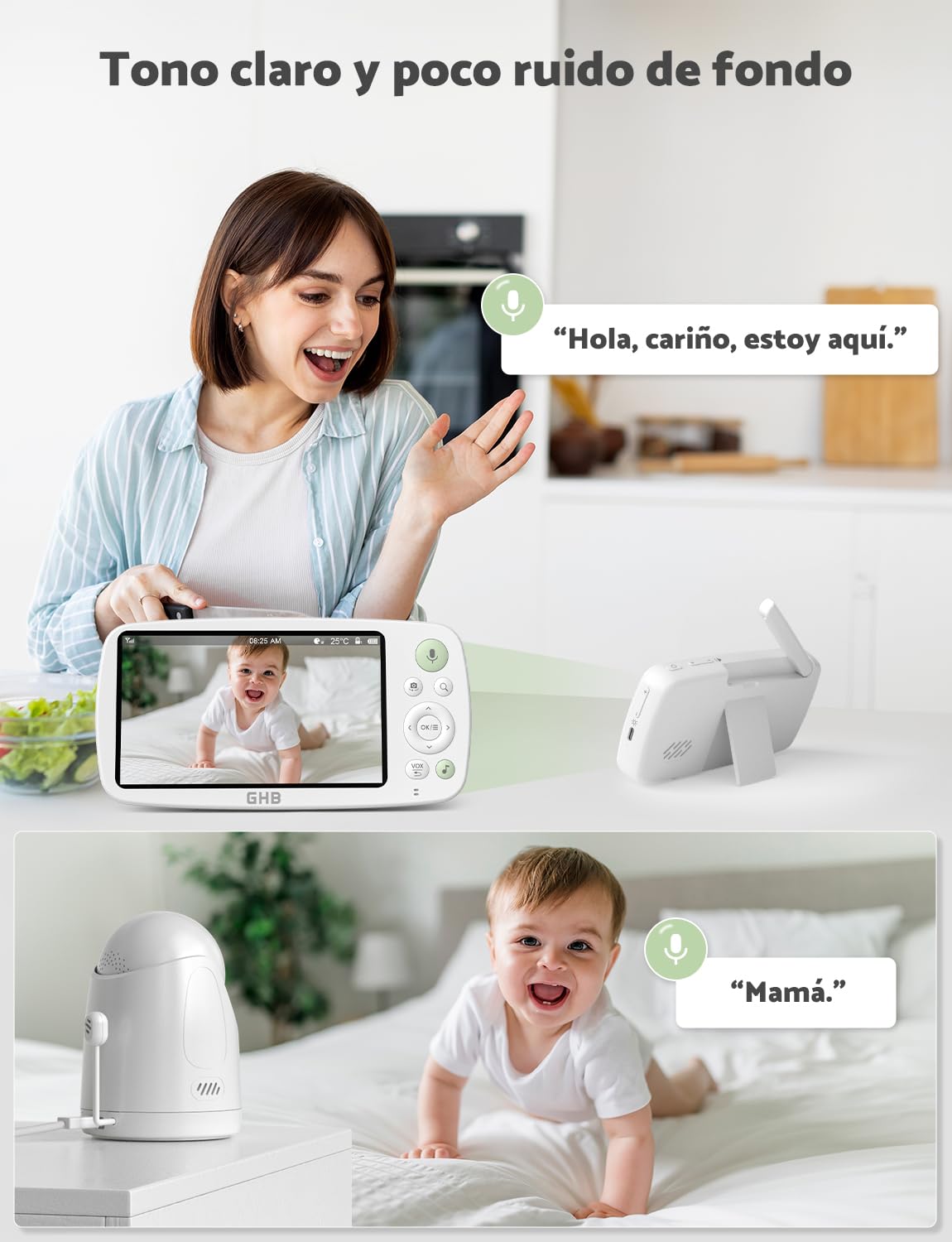 GHB Camara Vigilancia Bebe Vigilabebes con Camara con Pantalla IPS 5" 1080P Batería de 4000mAh Duración 7X 24 Horas Visión Nocturna Comunicación Bidireccional Escucha Bebes Admite hasta 4 Cámaras