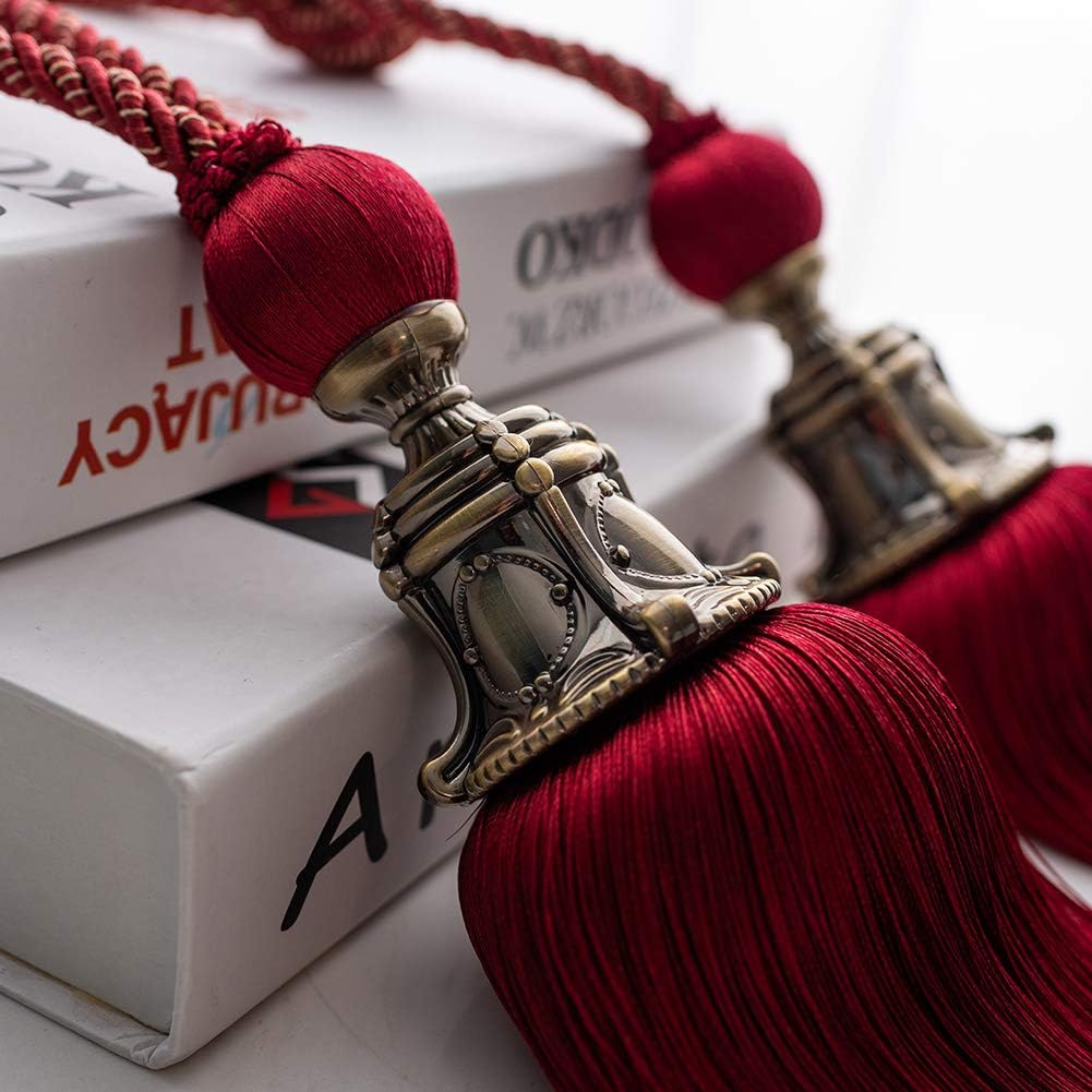 Melodieux Decorative Curtain Tiebacks Antique Tassels Holdbacks - Home Office Windows Drapery Fasteners Fringe Ropes, Set of 2 (Red)