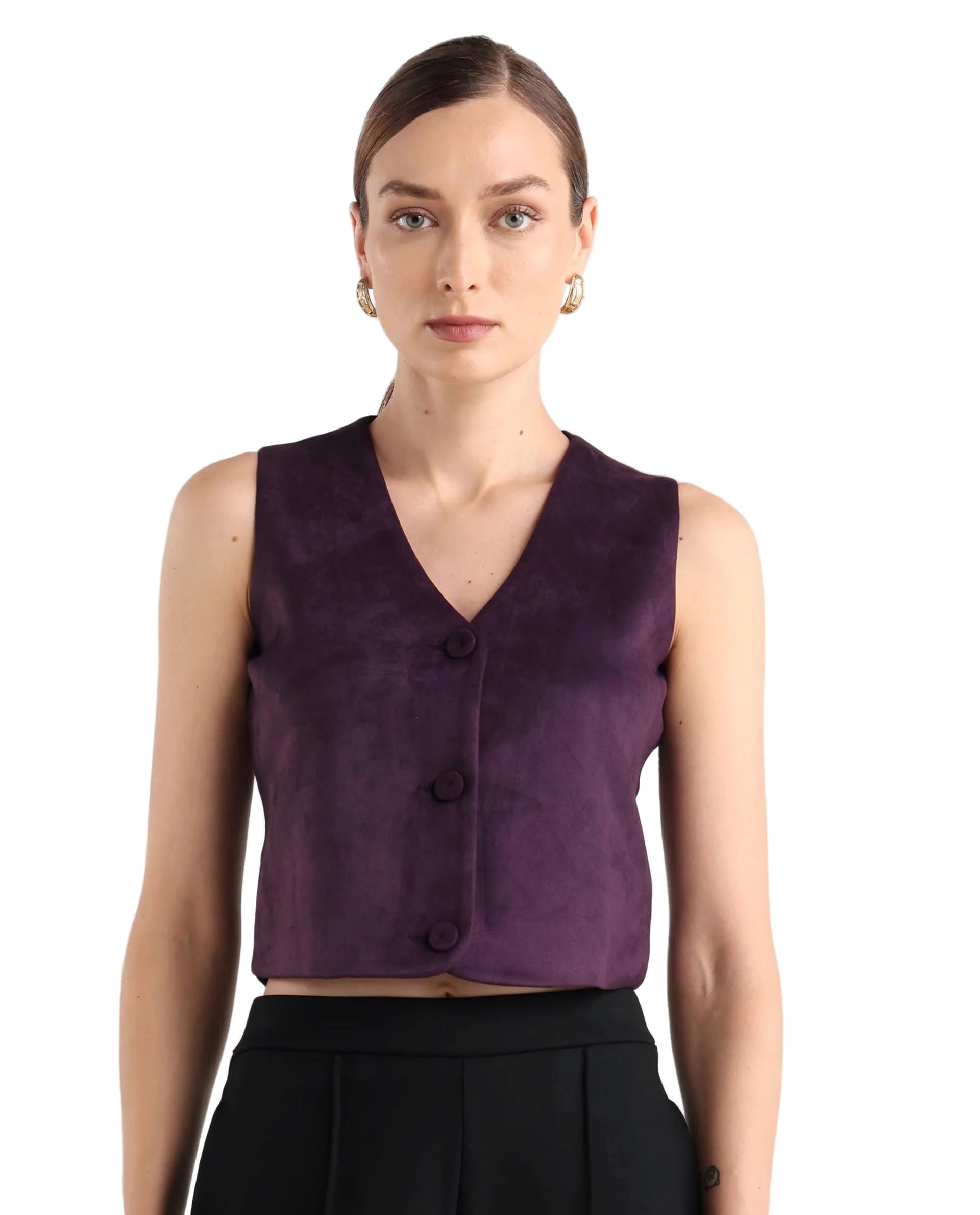 rareism Regular Solid Purple Polyester Blend V-Neck Sleeveless Coat-picture-10