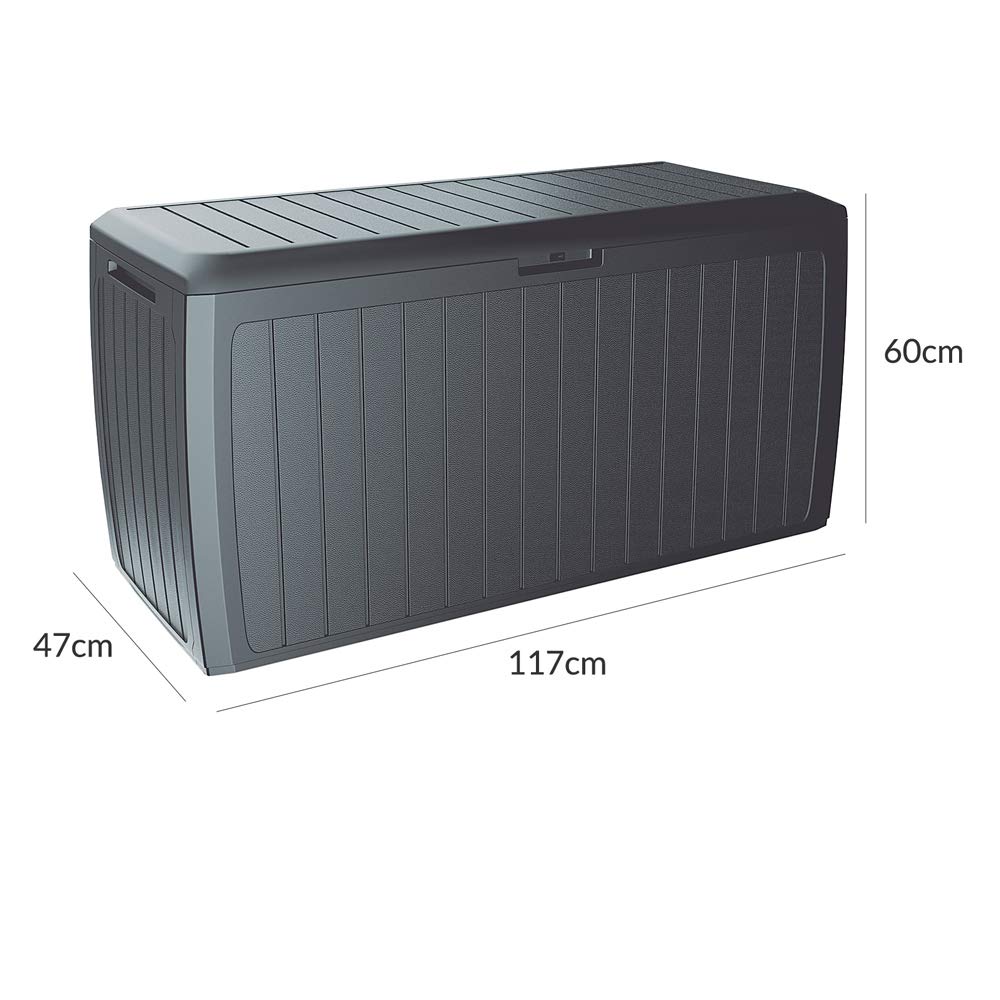 Casaria® Baule da Giardino 117x47x60cm Aspetto Legno 290L Box Multiuso Multibox Cuscini 6 Ruote Coperchio Esterno