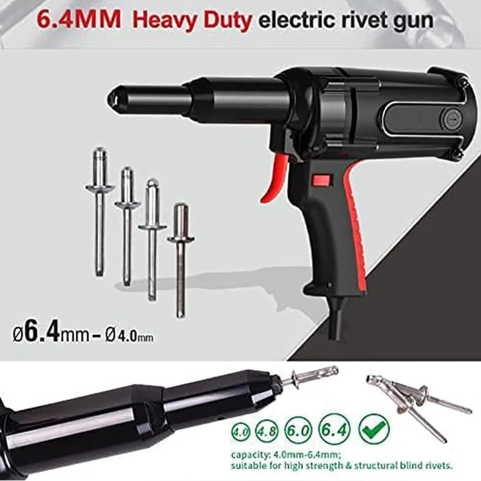 Elektryczna nitownica 600W, narzędzie ręczne nitonakrętek, elektryczny pistolet do nitowania o dużej wytrzymałości 4,0-6,4 mm, przemysłowe i długie narzędzie do nitowania