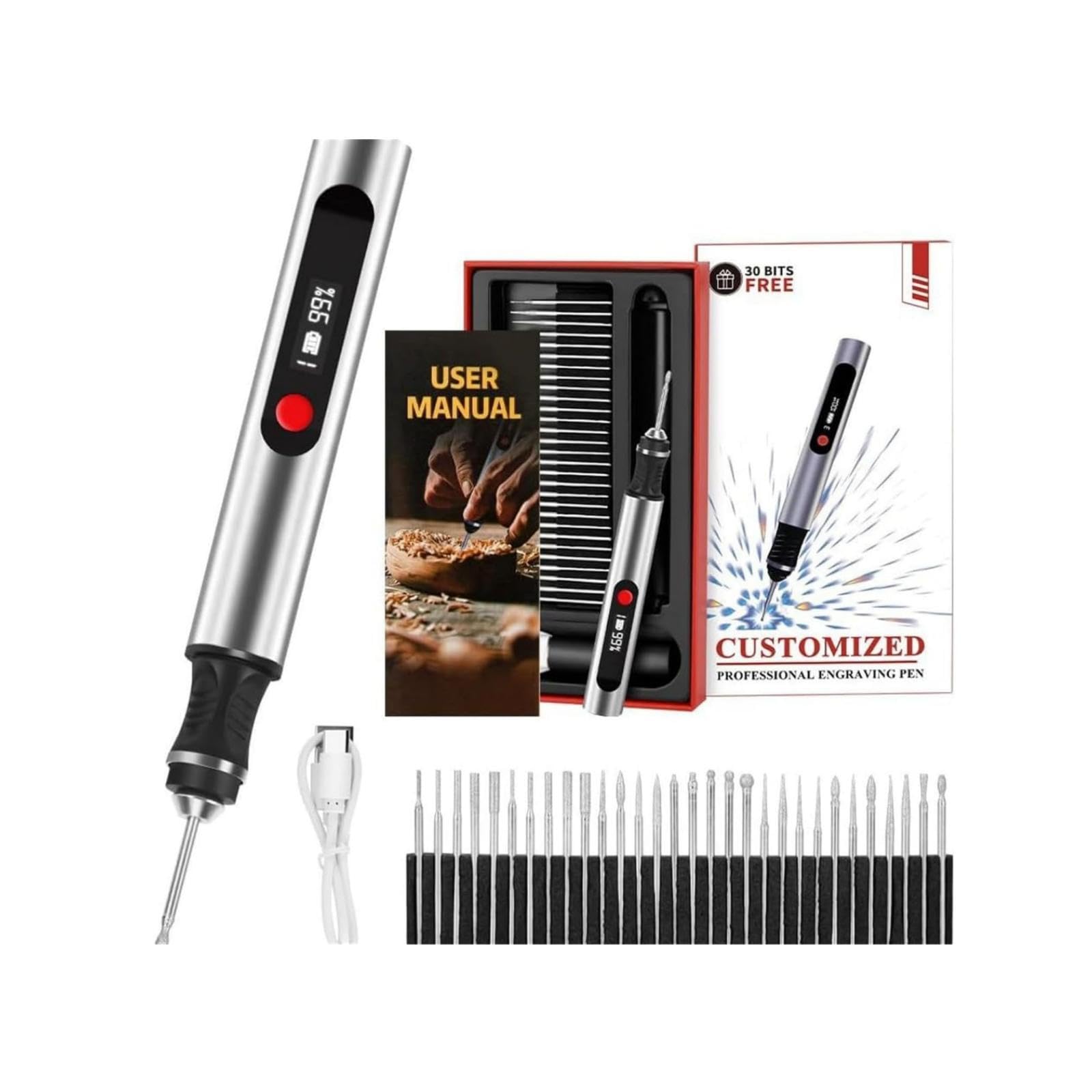 Gravion Stylo Graveur Électrique de Précision | Bois, Le Stylo Graveur Électrique de Précision outil de gravure rotatif rechargeable avec 30 pointes et 16 gabarits, Idéal Débutants & Cadeau Créatif