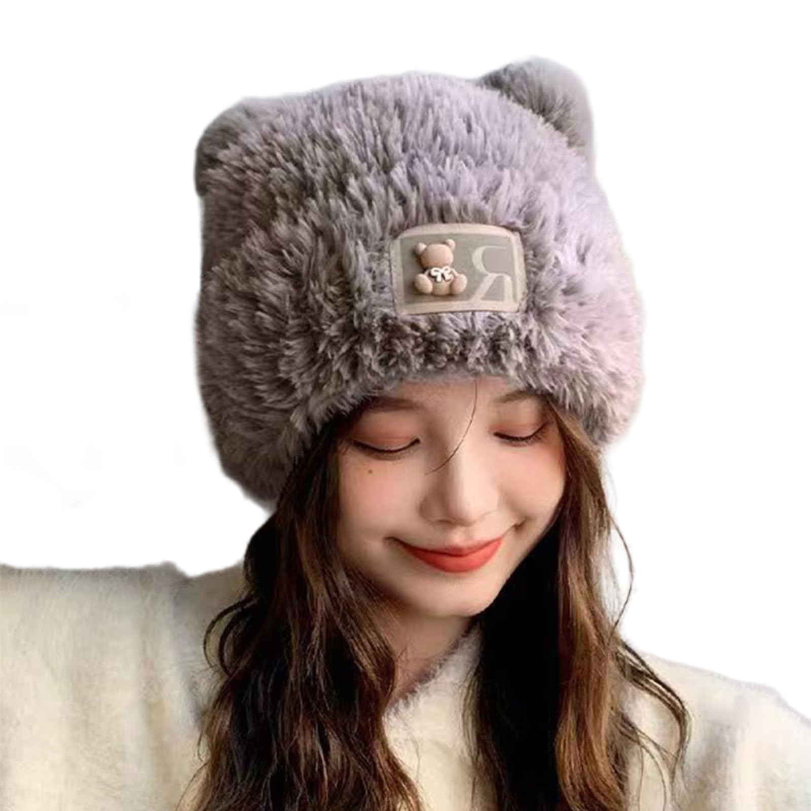 Furry Cartoon Head Covering with Ear for Outdoor Sports Furry Hat with Ear Oversized Headgear Hat for Winter Gray