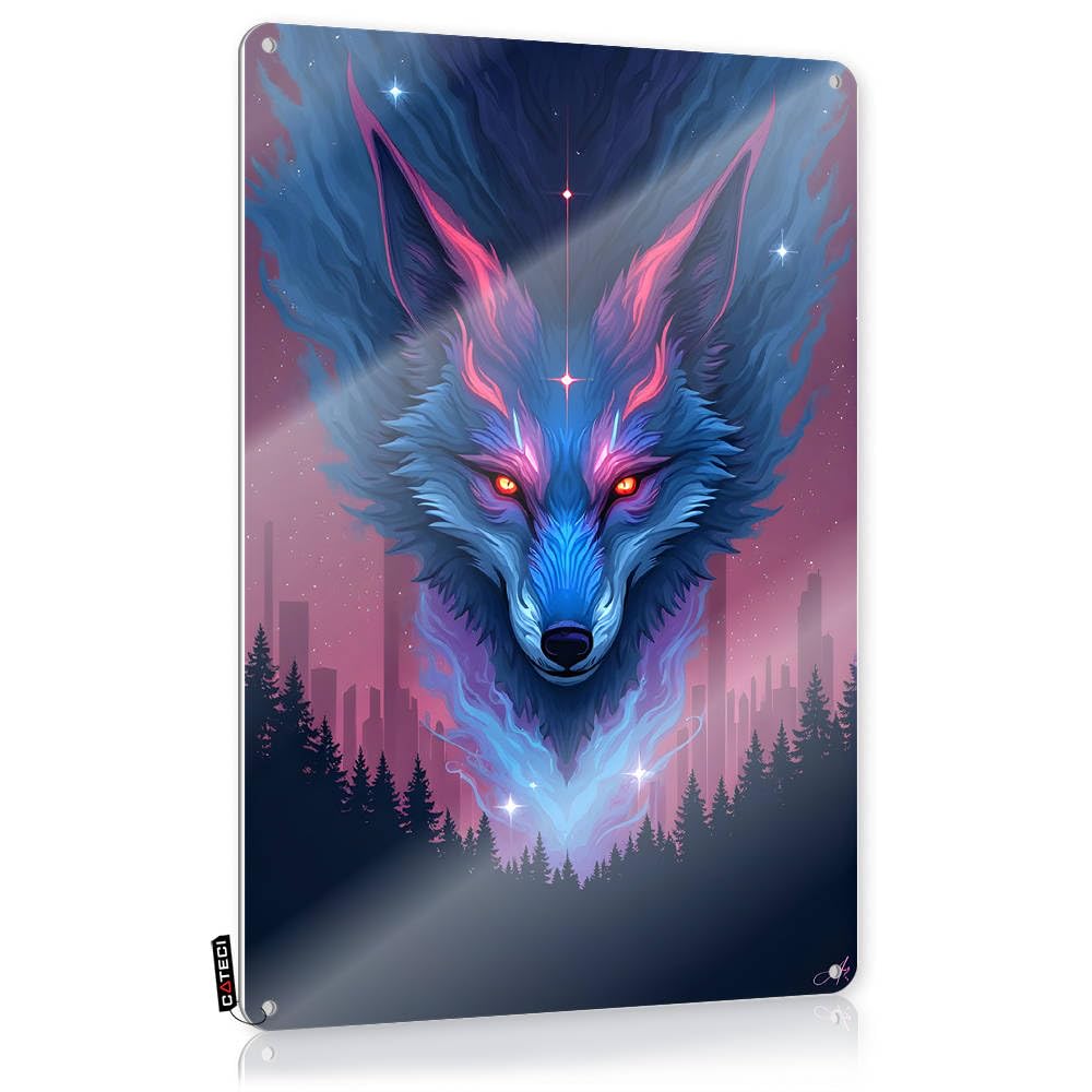 Fzfn Colour Matal Sign Love Decor Custom Tin Sign, Haves Fade Resistant Enchanted Wolf Amidst Starlit Cityscape For Home Kitchen | Humor Vintage Decor For Tiki Bar Party(20X30cm)