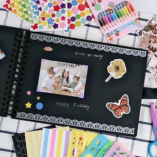 Scrapbook Photo Album 80 Black Pages Scrap Book - DIY Memory Album 12 x 8.3 inches Memory Books - Kraft Paper Scrap Book Come With Scrapbook Accessories - for Family,Wedding Memory Book, Brown