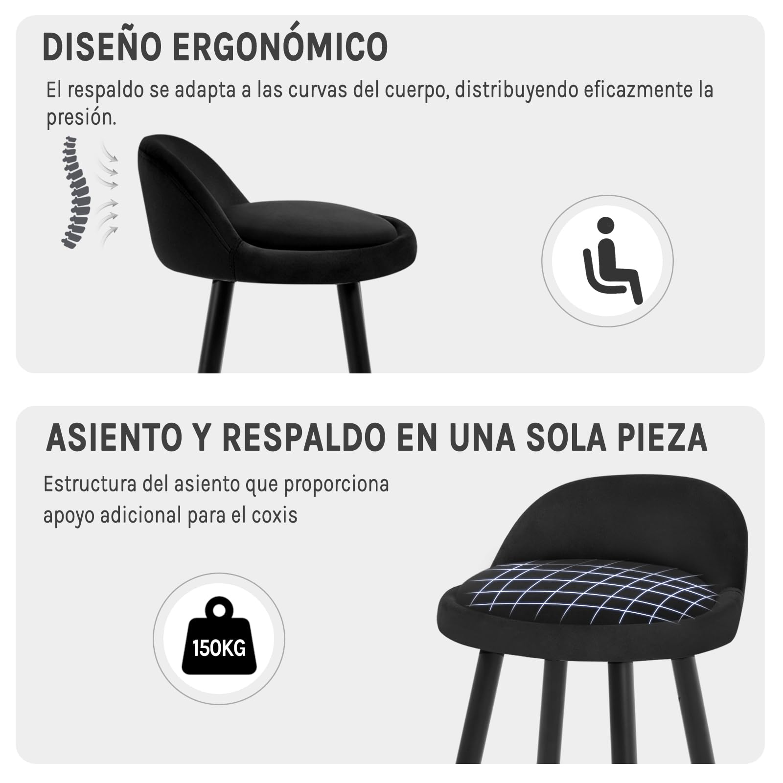 WOLTU Taburetes de Bar Juego de 2, Taburetes de Cocina con Reposapiés, Asiento de Terciopelo, Estructura de Metal, Negro