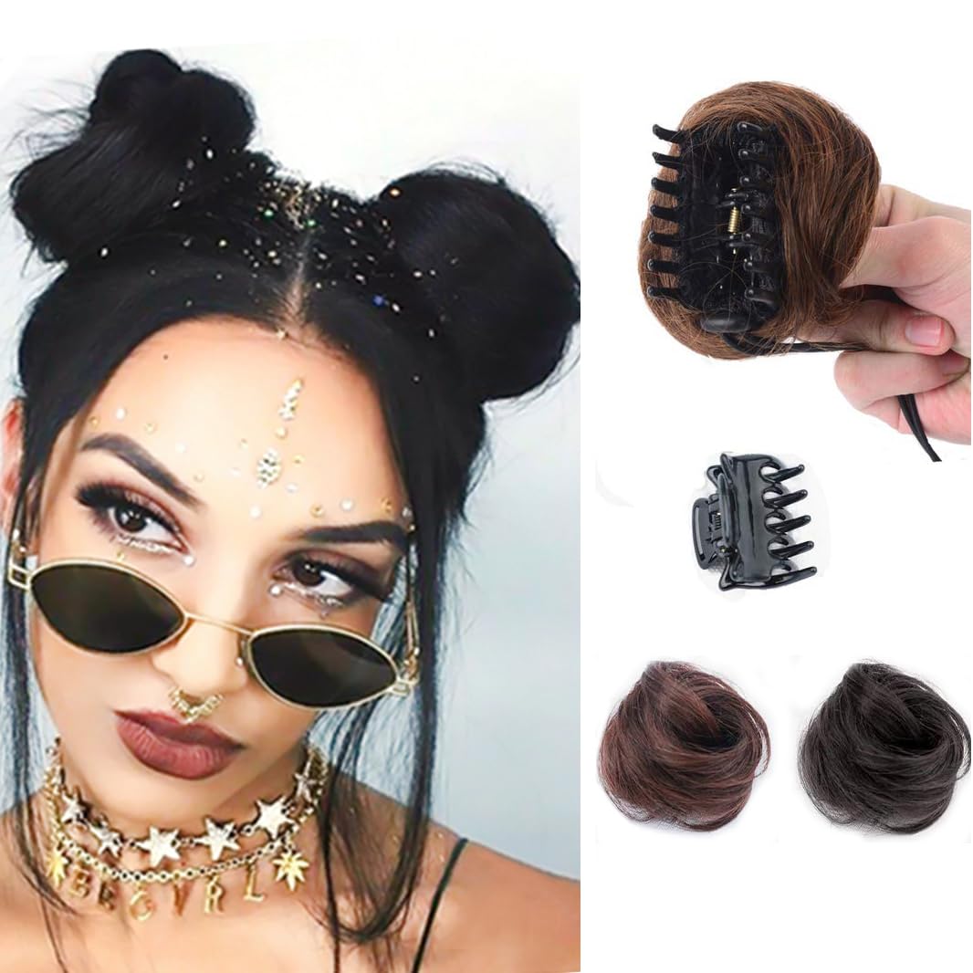 ICRAB Women's Hair Buns Clip Chignon Donut Human Hair Extensions Ponytail Buns Curly Chignon Claw Hair Messy Buns Updo Cover Hairpieces Black Color