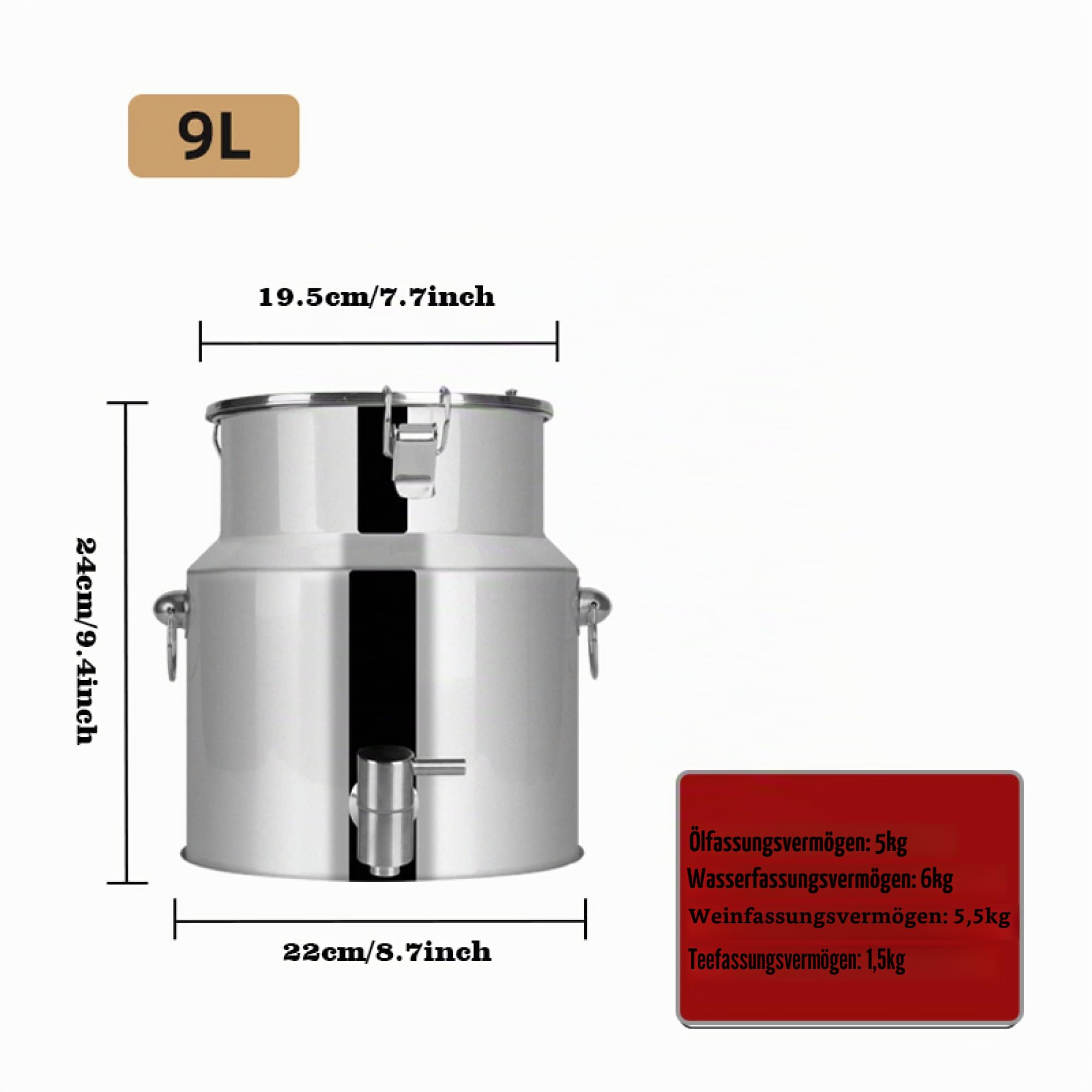 Edelstahl Dichtung Milch Transportkanne - 5L/9L/14L Milcheimer mit Wasserhahn Zapfhahn für Wasser, Wein, Tee - Flüssigkeitsbehälter Milchkanne für Haus & Bauernhof