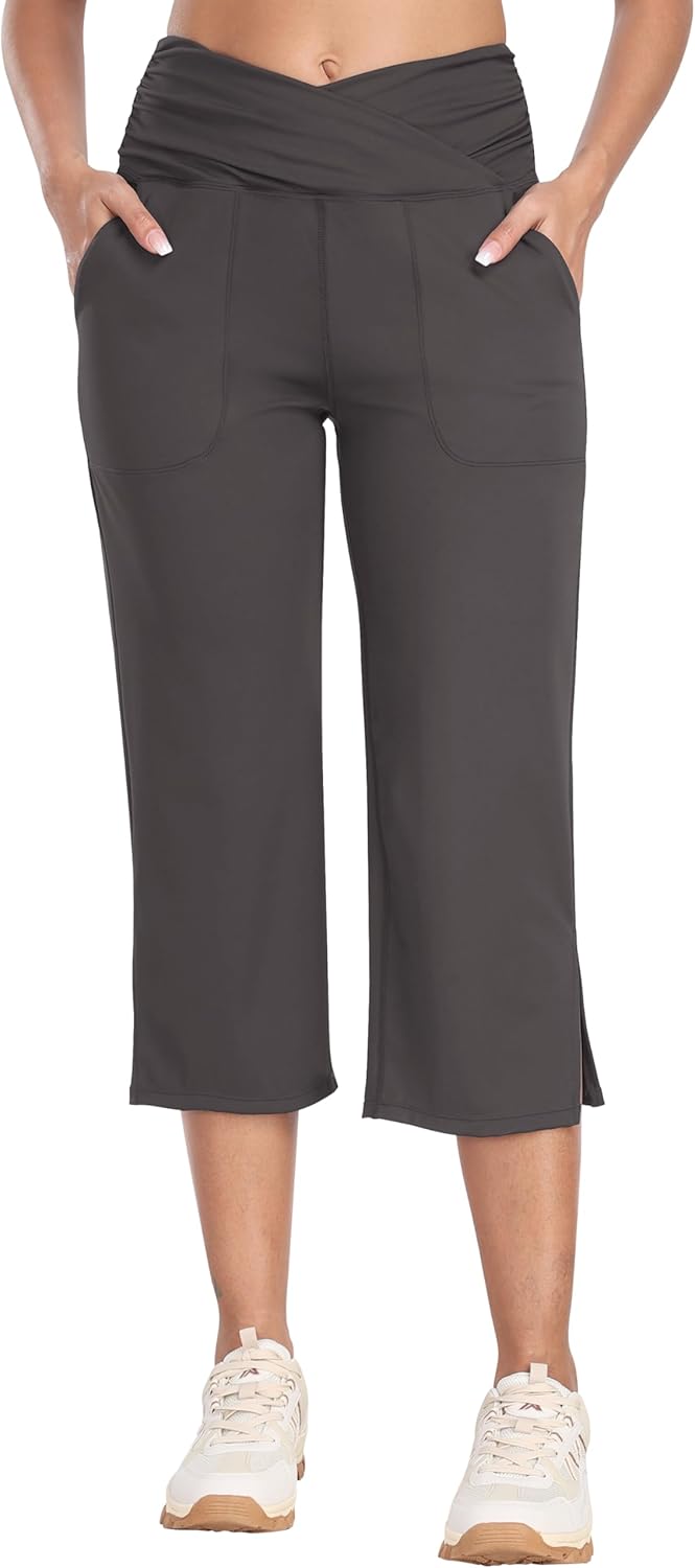 MoFiz Womens Yoga Capris Pants High Waist Lightweight Athletic Exercise Casual Wide Leg Yoga Pants with Pockets - Image 2