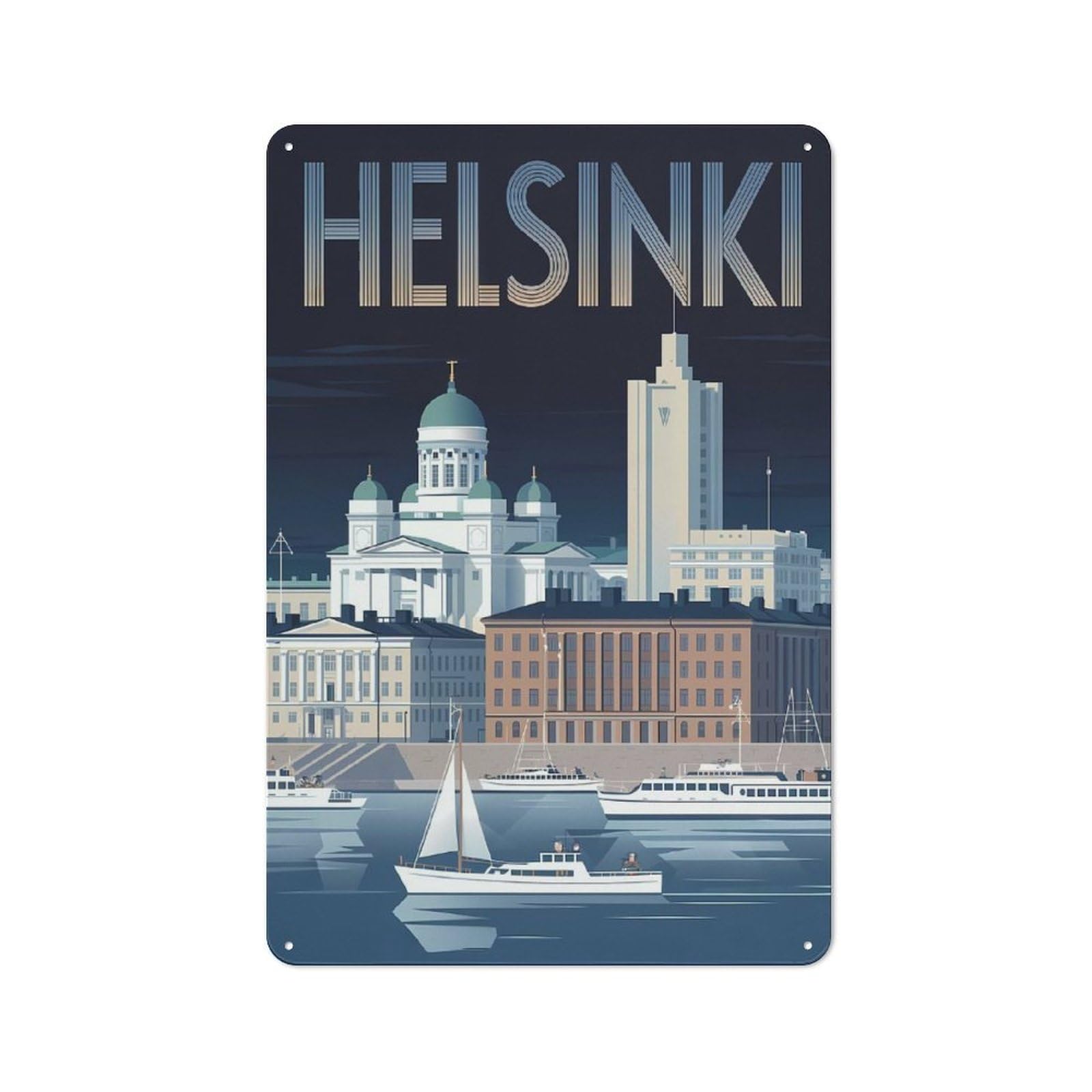 Junmoney Style-21 Modern Retro Decorative Metal Plaque 30X20cm Featuring Helsinki Cityscape Travel, Loft Wall Plaque For Flat, Bar, Studio Or Gallery Wall
