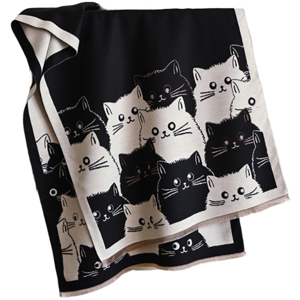 Châle en cachemire femme motif chat mignon, idée cadeau hiver