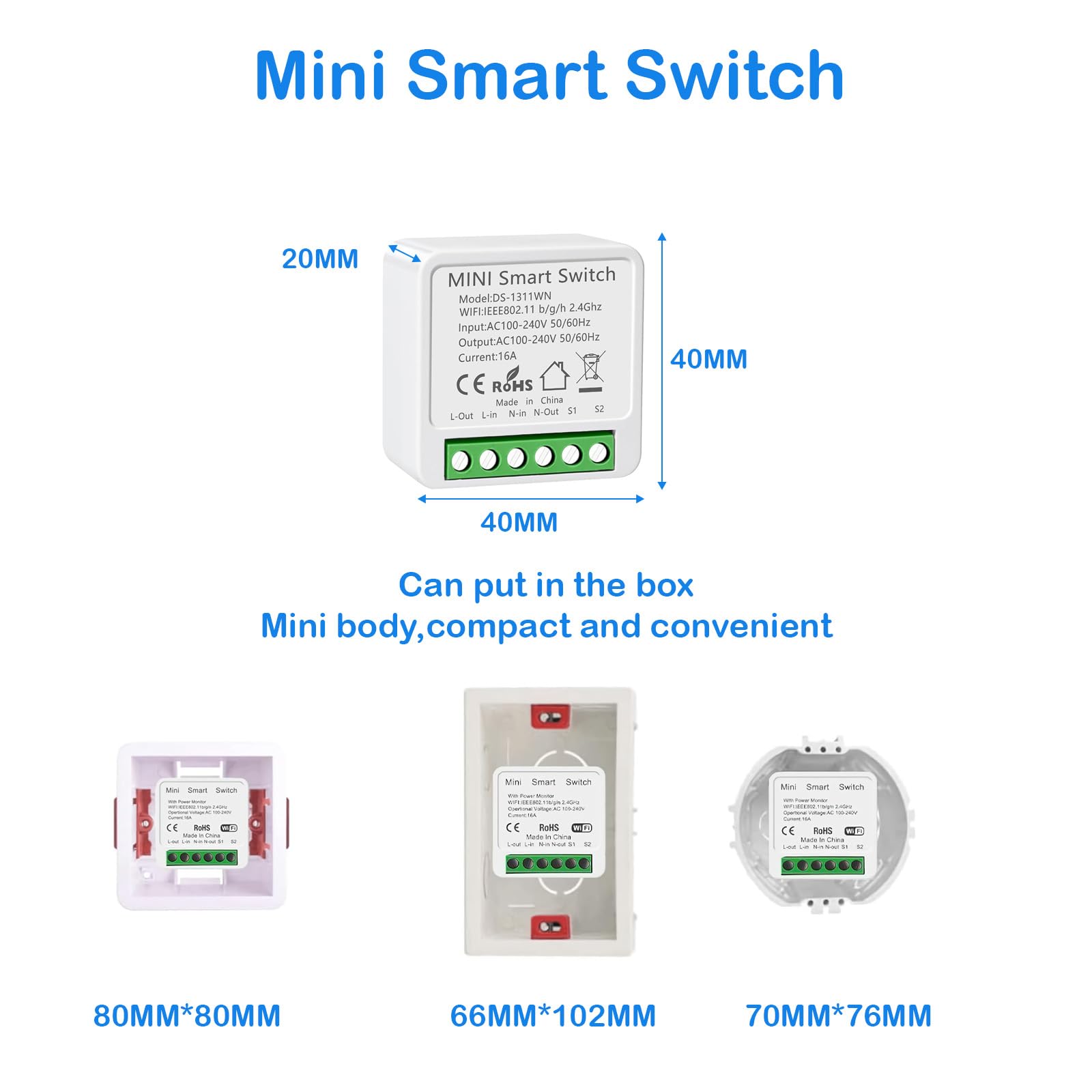 Interruptor WIFI, Interruptor Inteligente WIFI, Mini Smart Switch WIFI Compatible con Alexa,Tuya y Smart Life, Max 16A, 2.4GHz Interruptor Alexa